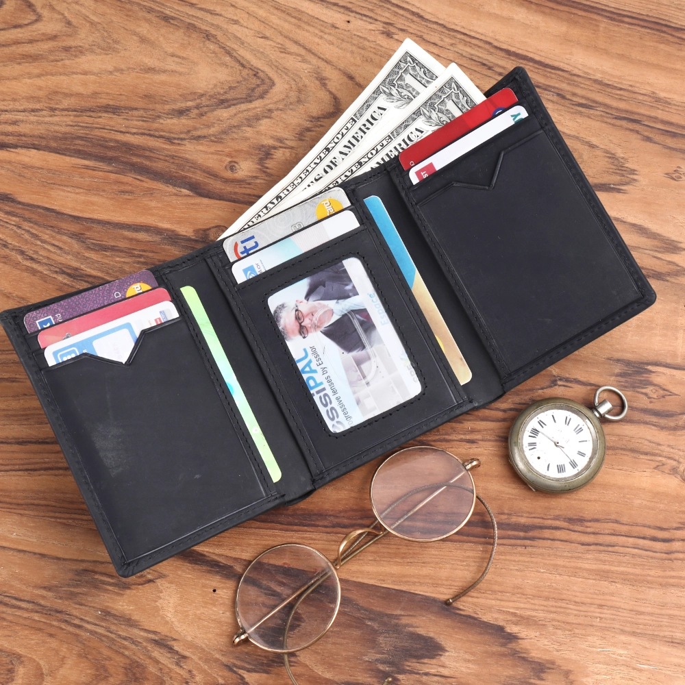 Brooklyn Bridge Genuine Leather Trifold Wallet for Men with RFID Protection – Crazy Horse Card Holder BB-MW-792-CW-FG-CHL-YS-BLACK 1